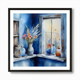 Blue wall. Open window. From inside an old-style room. Silver in the middle. There are several small pottery jars next to the window. There are flowers in the jars Spring oil colors. Wall painting.42 Art Print