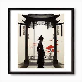 Woman 2. Kimono 3. Corridor 4. Red Umbrella 5. Traditional Asian Architecture 6. Intricate Carvings 7. Red Lanterns 8. Calm Expression. .woman standing in front of a traditional Asian-style archway, with a red umbrella in the background. The woman is dressed in a black kimono and has a serene expression on her face. The archway is adorned with intricate carvings and red lanterns, adding to the overall atmosphere of the scene. Art Print