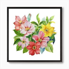 A Watercolor Painting Of Colorful Flowers And Le (1) (1) Out Art Print