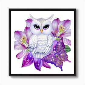 Owl With Purple Flowers Art Print