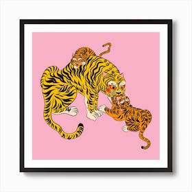 Wild Tiger Mama Pink Square Art Print