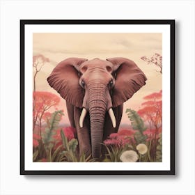 Elephant 2 Pink Jungle Animal Portrait Art Print