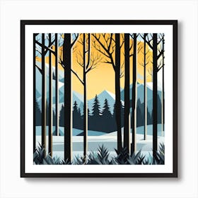 Winter Landscape, Forest, sunset,   Forest bathed in the warm glow of the setting sun, forest sunset illustration, forest at sunset, sunset forest vector art, sunset, forest painting,dark forest, landscape painting, nature vector art, Forest Sunset art, trees, pines, spruces, and firs, black, blue and yellow, sunset in winter Art Print