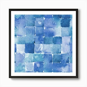 Blue Geometric Abstract Watercolor Squares Art Print