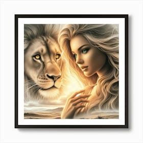 A beautiful woman and lion 5 Art Print