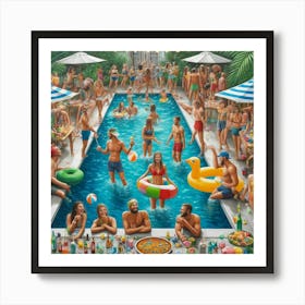 Pool Party Fun Wall Print Art A Lively And Joyful Depiction Of A Summer Pool Party, Perfect For Bringing Excitement And A Festive Atmosphere To Any Space Poster