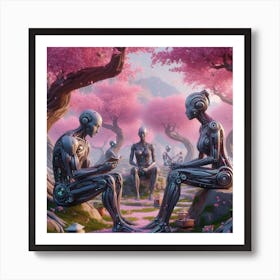 Robots In Cherry Blossoms Art Print