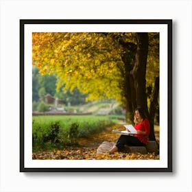 Young Woman Reading Book In Autumn Park Art Print