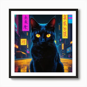 Neon Street Black Cat Art Print
