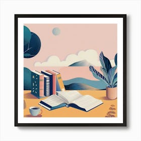 Illustration Of Books And Coffee Art Print