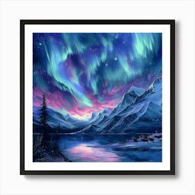 Lake Aurora Borealis Nature Landscape Moutains Stars Scenic Northern Lights Painting Digital Art Art Print