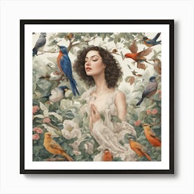 Woman Surrounded By Birds Art Print