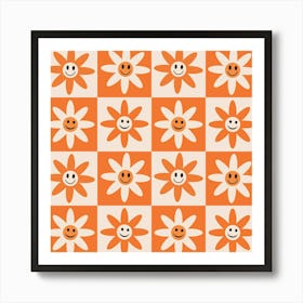 Checkered Orange and White Smiling Flowers Art Print