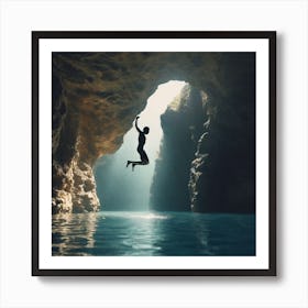 Man Jumping Out Of Cave Art Print