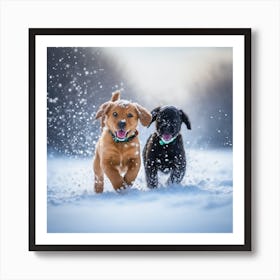 Two Dogs Running In The Snow Art Print