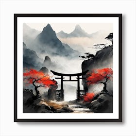 Japanese Gate Landscape Painting (3) Art Print
