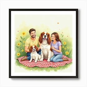 A Cavalier King Charles Spaniel And A Family On A Picnic Blanket, Watercolor 1 Art Print