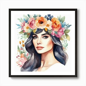 Watercolor Of A Woman With Flowers 3 Art Print