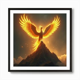 Golden Phoenix Perched Atop A Glowing Mystical Mountain 1 Art Print