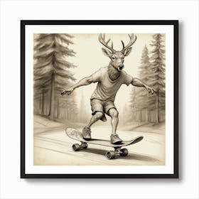 Deer Skateboarding Art Print