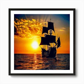 Pirate Ship At Sunset,Black pirate ship sails into the sunrise with the sun peeking over the horizon Art Print