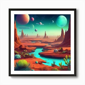 Alien landscape with otherworldly plants, strange creatures, and distant planets Art Print