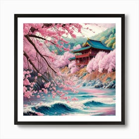 A stunningly vibrant watercolor illustration of a serene Japanese landscape featuring cherry blossoms. The foreground shows a river with gentle waves reflecting the pink hues of the blossoms. 3 Art Print