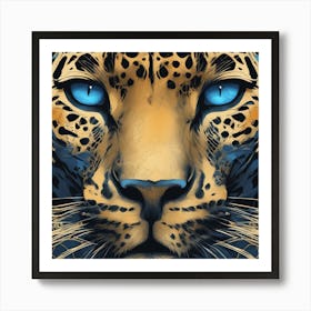 A Picture Of A Black Leopard With Blue Eyes, In The Style Of Airbrush Art, Light Gold And Orange, 32 Art Print