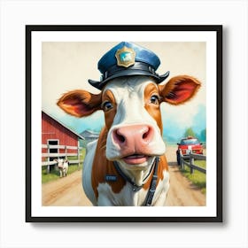 Cow In A Police Uniform Art Print