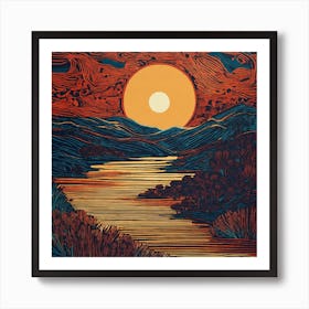 Sunset Over The River Abstract Linocut Art Print