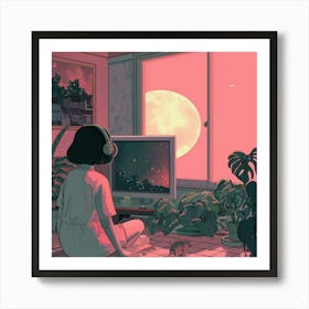 Girl Watching The Moon Art Print