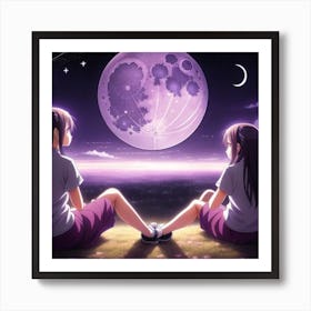 Two Girls Looking At The Moon Art Print