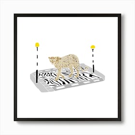 Cheetah Leopard On A Zebra Crossing, Fun Safari Animal Print, Square Art Print