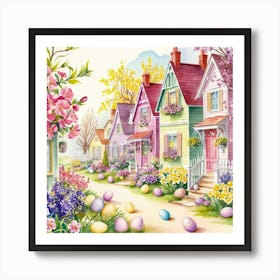 A springtime village scene with Easter eggs, blooming trees and flowers, illustrated in a detailed classic watercolor style Art Print