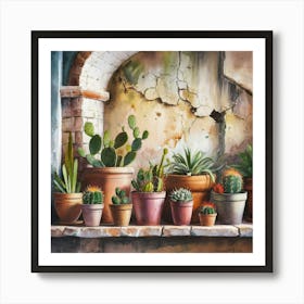 Watercolor painting of an old, weathered wall with cracked stone and peeling paint. The background features various sizes and shapes of terracotta pots on the shelf below. Each pot is filled with vibrant cacti or succulents, 2 Art Print