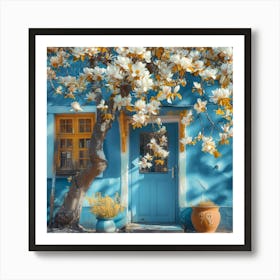 Blue House With Magnolia Tree Art Print