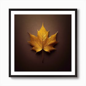 Title: "Autumn's Golden Veil"  Description: This artwork captures the essence of autumn through a single, golden-yellow maple leaf. Its rich, warm hues stand out against the dark, muted background, highlighting the intricate network of veins that run through the leaf. The leaf's edges gently curl, a testament to the natural process of drying and aging, which adds a tactile dimension to the image. This leaf, often associated with the fall season, symbolizes change and transformation. It is a reminder of the fleeting beauty of life's cycles, with the leaf's luminosity suggesting a quiet celebration of nature's resilience and the passage of time. The composition's simplicity and the deep contrast between the leaf and the background draw the viewer's attention to the leaf's delicate structure and the transient, yet timeless, beauty of autumn. Art Print