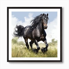 Black Stallion Galloping In Meadow 1 Art Print