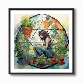 Girl In A Geometric Terrarium With Plants Watercolour and Ink Art Print