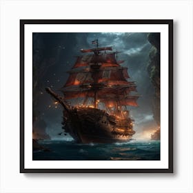 Pirate Ship In The Cave Art Print