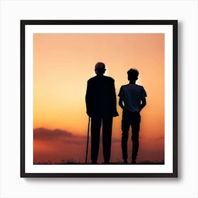 Silhouette Of Father And Son At Sunset Art Print