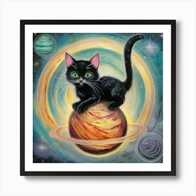 Whimsical Black Cat Perched On Vibrant Planet With Rings Art Print