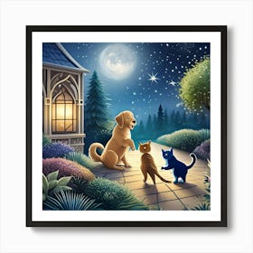 Cat And Dog At Night Art Print