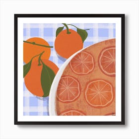 Orange Cake On Blue Tablecloth Square Art Print