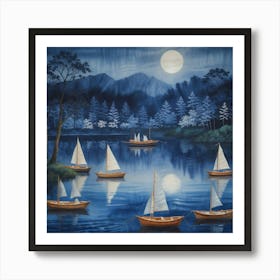 Sailboats At Night 1 Art Print