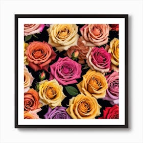 Colorful Roses On Black Background Art Print