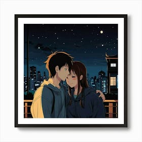 an anime young loving couple, lonely feeling, hope, vector, cartoon style, night 2 Art Print