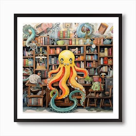 Octopus In The Library Art Print