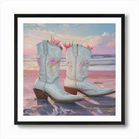 Cowboy Boots On The Beach Art Print