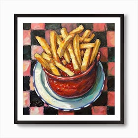 Fries & Ketchup Checkerboard Background 1 Art Print
